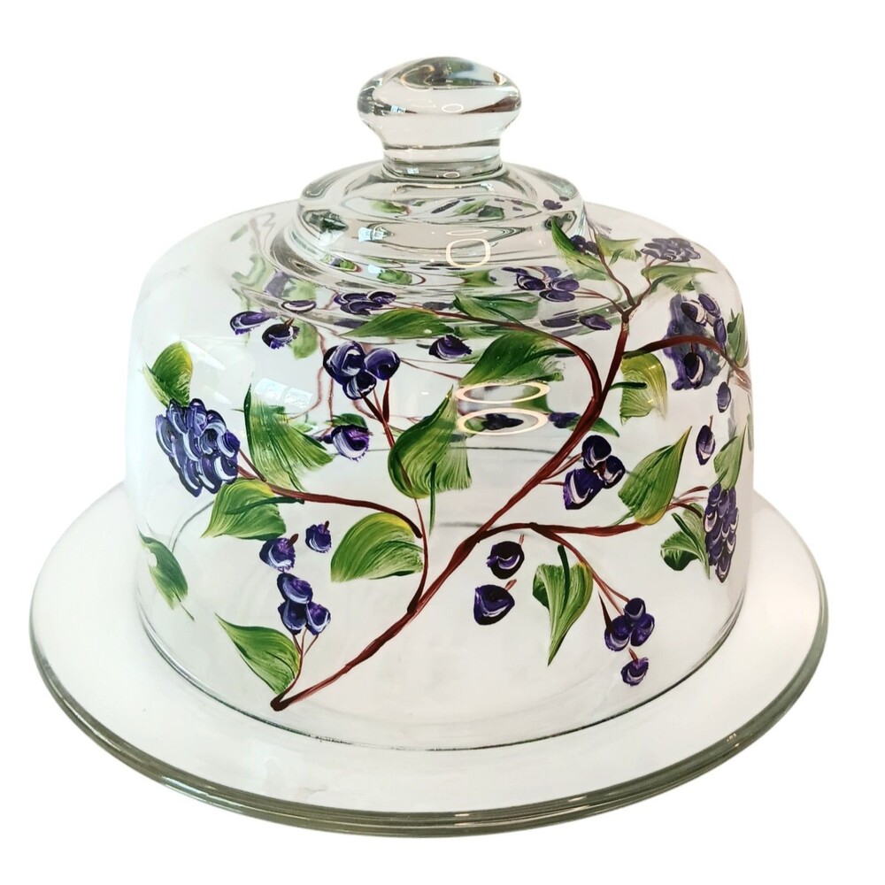 Glass Cheese Pastry Dome Handpainted Blueberry Floral Design With Glass Plate